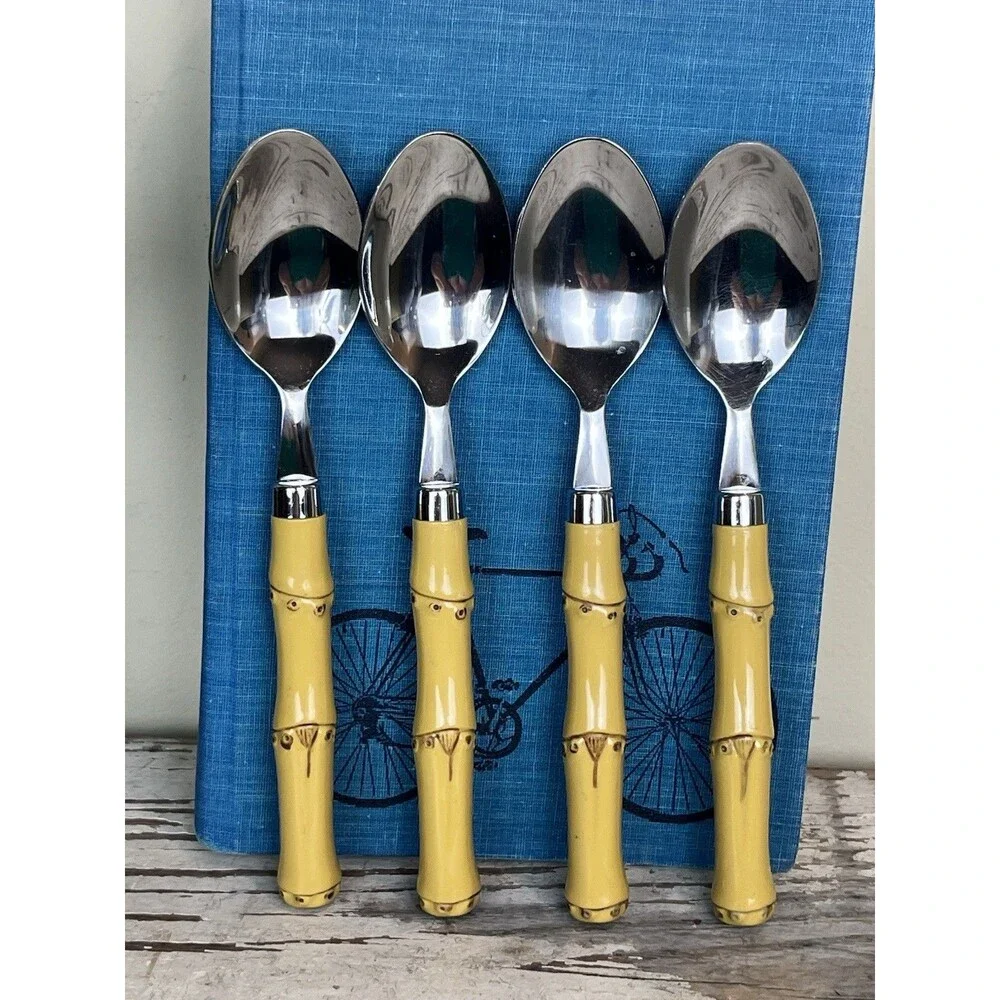 Vintage Faux Bamboo Soup Spoons (4) By Cambridge Hollywood Regency Style 7.5”